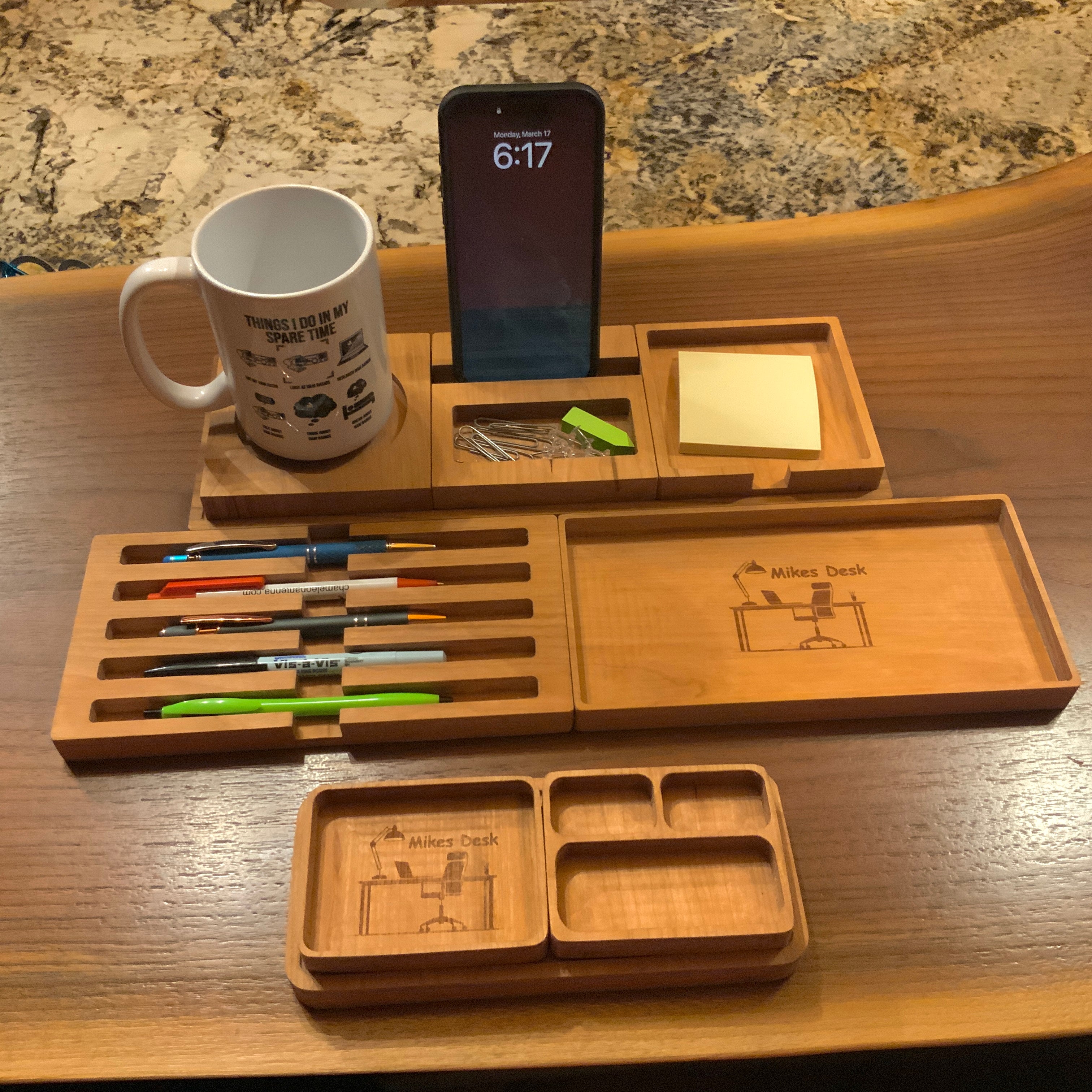 Photo of personalized wood desk organizers and wood desk accessories.